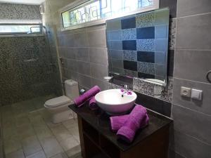 a bathroom with a sink and a toilet with purple towels at Beach Villa in Nosy Be +26 photos