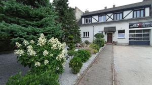 a garden with white flowers in front of a building at Kwatery u Jarka z ogrodem i parkingiem in Jelenia Góra