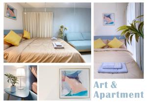 a collage of pictures of a room with a bed and an apartment at nestay apartment tokyo ginza in Tokyo