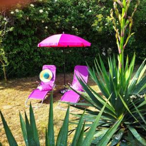 dos sillas rosas y un paraguas en un patio en Kuća Lilla, en Loborika