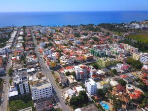 an aerial view of a city with buildings and the ocean at Tropical Island Apartahotel in La Viva