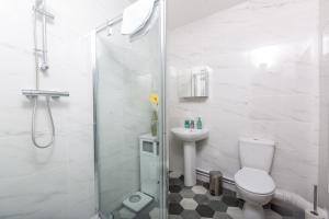 a bathroom with a shower and a toilet and a sink at Sandfields House in Gorseinon