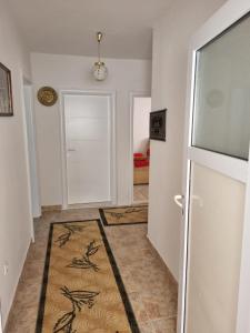 a hallway with a television and a door with a rug at Apartment Nura in Bihać