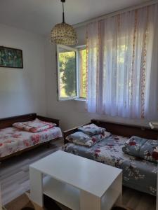 Cette chambre comprend 2 lits, une table et une fenêtre. dans l'établissement Apartment Nura, à Bihać