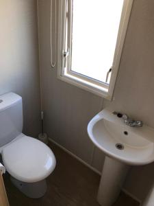 uma casa de banho com um WC branco e um lavatório. em TSCaravan, Haven, Golden Sands em Mablethorpe