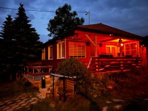 ein rotes Haus mit Lichtern davor in der Unterkunft Domek KALINKA -Góry Sowie-Rzeczka in Rzeczka