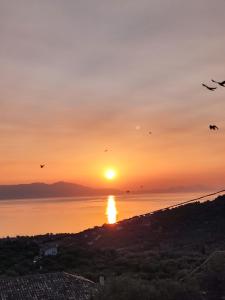 a sunset over the water with birds in the sky at Corinthian Gulf View, Apartment 2 in Egira