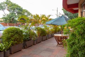 eine Terrasse mit einem Tisch, einem Sonnenschirm und Pflanzen in der Unterkunft Eton Hotel in Thika