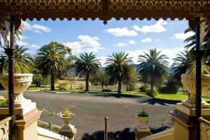 a view of a courtyard with palm trees at Hermitage Hill Country Retreat in Wellington