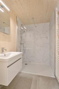 Chalet Florette في كوكسيجدي: حمام أبيض مع دش ومغسلة