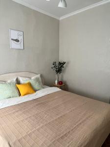 um quarto com uma cama com uma almofada amarela em 2х комнатная квартира в центре города Уральска em Oral