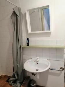ein weißes Badezimmer mit einem Waschbecken und einem Spiegel in der Unterkunft B2 Appartement entier centre ville tout confort in Courtenay