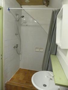 a small bathroom with a sink and a shower at B2 Appartement entier centre ville tout confort in Courtenay