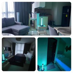 two pictures of a living room and a bedroom at Holiday suite at Uptown Parksuites II Uptown BGC in Manila