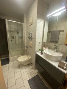 a bathroom with a sink and a toilet and a shower at Residenz Lisa- Wohnen auf Zeit in Aichtal 