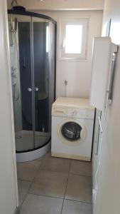 een badkamer met een wasmachine en een douche bij Belle petite maison neuve avec jardin privatif in Longeville-sur-Mer