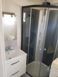 a bathroom with a shower and a sink at Belle petite maison neuve avec jardin privatif in Longeville-sur-Mer