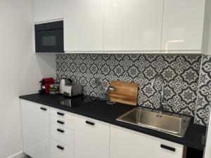 a kitchen with a sink and a black and white wallpaper at STUDIO PROCHE PARIS VERSAILLES in Villennes-sur-Seine