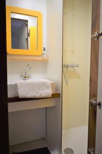 een badkamer met een wastafel en een spiegel bij Studio sympa avec petit déjeuner entre canal et Loire in Roanne