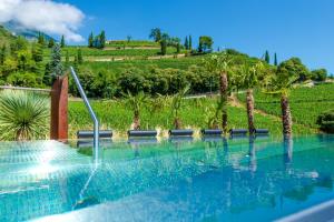 - une piscine avec une fontaine et des palmiers dans l'établissement VILLA NAJ, à Termeno