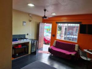 un salon avec un canapé violet et une télévision dans l'établissement Independent Apartment Wifi A C, Stove, Refrigerator, Tv, à Mérida