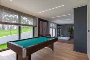 a pool table in a living room with a large window at Villa Valpinia in Martinski