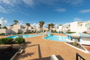 - une grande piscine dans un complexe avec des palmiers dans l'établissement HomeForGuest Apartamento Alisios 1 con piscina en Corralejo, à Corralejo