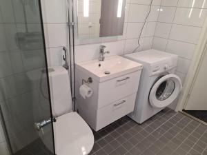 ein Badezimmer mit einem Waschbecken und einer Waschmaschine in der Unterkunft MR Apartments 2 in Vaasa