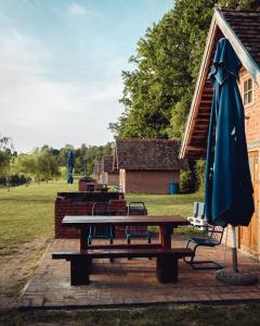 - une table de pique-nique et un parasol sur une terrasse en briques dans l'établissement Laguna Club Lake Resort, à Donji Žabar