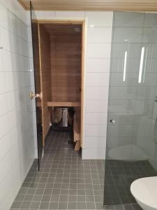 a bathroom with a walk in shower and a sink at MR Apartments 2 in Vaasa