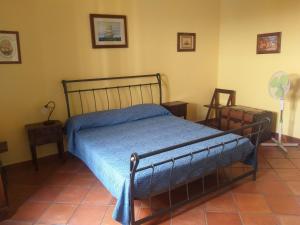 a bedroom with a bed with a blue comforter at La Dimora Del Nonno Marinaio in San Nicola Arcella