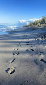 Location saisonnière meublée F2 St Leu face océan à 1 min plage في سان لوي: مجموعة من آثار الأقدام على الرمال على الشاطئ