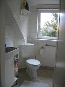 a small bathroom with a toilet and a window at Kinderfreundliche Ferienwohnung - Am Hufen 2 in Grömitz