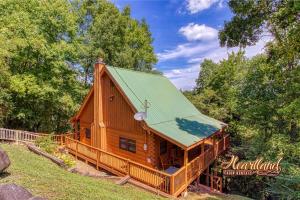 une cabine dans les bois avec un toit vert dans l'établissement Country Hideaway, à Sevierville