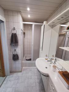 ein weißes Bad mit einem Waschbecken und einer Dusche in der Unterkunft Fewo Krysik Unterdeck in Lühmannsdorf