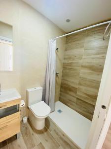 a bathroom with a toilet and a shower at Albergue y Gelateria il nonno in Sarria