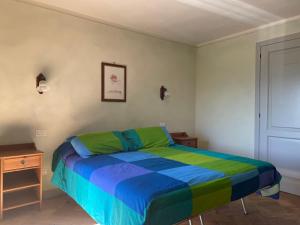a bedroom with a bed with a blue and green comforter at Il Borgo Affitacamere in Castiglione in Teverina