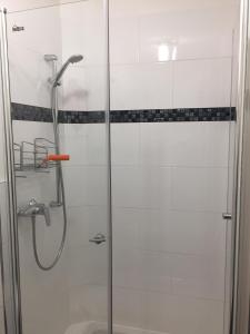 eine Duschkabine mit einer Glastür und einer Dusche in der Unterkunft Studio-Apartment Sven in Bonn