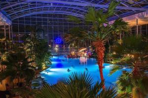 une grande piscine intérieure avec des palmiers dans un bâtiment dans l'établissement LA MAISON Titisee - Boutique Design Villa im Schwarzwald, à Titisee-Neustadt