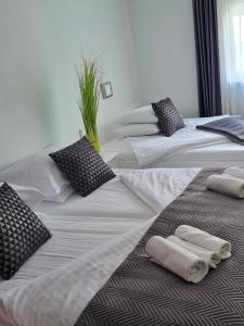two beds with pillows on them in a room at AZUR ROOMS LJUBLJANA in Ljubljana