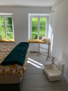 a bedroom with a bed and a table and windows at Allegra Appenzell in Trogen