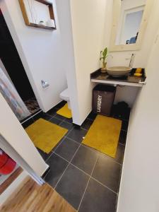 a bathroom with yellow rugs on the floor at Labrize Studio in La Gaulette