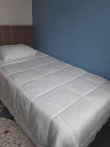 聖保羅的住宿－Varanda_77，蓝色墙壁的房间里一张白色的床
