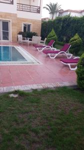 Relaxation Villa with private pool في الإسكندرية: مجموعة كراسي الصالة بجانب المسبح