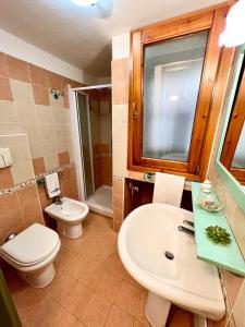 uma casa de banho com um lavatório branco e um WC. em Appartamento Le Ginestre em Monte Nai