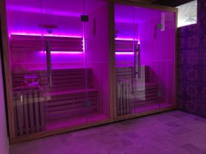 a room with purple lights in a room with benches at Casa La Palma Le 48 in Soissons