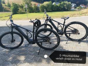 BeerfeldenにあるHotel Grüner Baum mit Restaurant & Wellnessの自転車2台が路上に展示されています