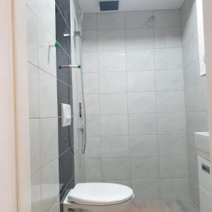 a bathroom with a shower with a toilet at Gas Otel in Belgrade +15 photos