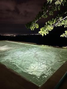 uma piscina de água à noite com uma árvore em LoftMerak em Pereira