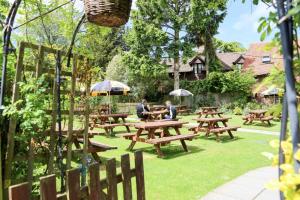 2 personnes assises aux tables de pique-nique dans un jardin dans l'établissement The Dolphin, à Winchester